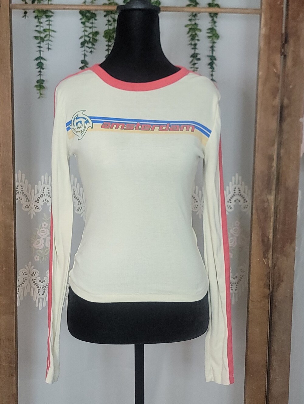 Graphic Long Sleeve Top Y2K Baby Tee Cream Red Striped Fitted Medium - Picture 4 of 8